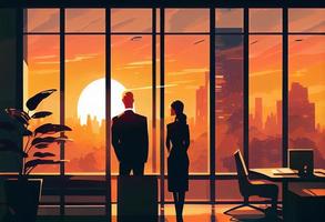 A business executive couple by a large window in the office at sunset taking a break from work. Generate Ai. photo