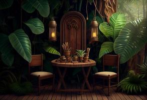 Jungle table background. Interior table for a cosmetic item against the backdrop of tropical plants, palms and jungle. Generate Ai. photo