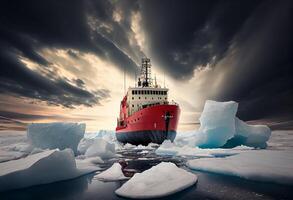 Icebreaker breaks ice hummocks and ice floes in the Arctic Ocean. Generate Ai. photo