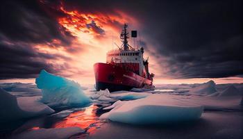 Icebreaker breaks ice hummocks and ice floes in the Arctic Ocean. Generate Ai. photo
