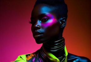 Fashion portrait beautiful black woman, look at camera, in neon studio lighting. Generate Ai. photo