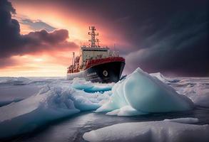 Icebreaker breaks ice hummocks and ice floes in the Arctic Ocean. Generate Ai. photo