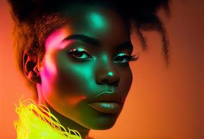 Moda retrato hermosa negro mujer, Mira a cámara, en neón estudio Encendiendo. generar ai. foto