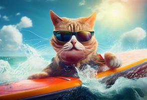 Funny cat in sunglasses rides a surfboard on the ocean waves. Summer vacation concept. Generate Ai. photo