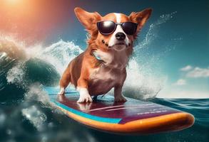 Funny dog in sunglasses rides a surfboard on the ocean waves. Summer vacation concept. Generate Ai. photo