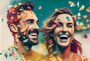 Illustration of a couple smiling as confetti falls on them against a colored background. Generate Ai. photo