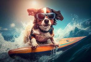 Funny dog in sunglasses rides a surfboard on the ocean waves. Summer vacation concept. Generate Ai. photo