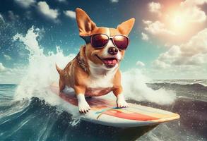 Funny dog in sunglasses rides a surfboard on the ocean waves. Summer vacation concept. Generate Ai. photo