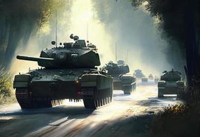 A tank convoy on a spring road. Generate Ai. photo