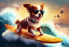 Funny dog in sunglasses rides a surfboard on the ocean waves. Summer vacation concept. Generate Ai. photo