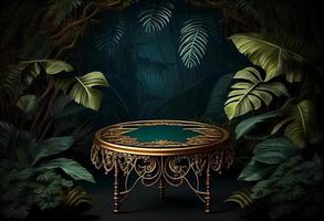 Jungle table background. Interior table for a cosmetic item against the backdrop of tropical plants, palms and jungle. Generate Ai. photo