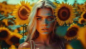 goddess, caucasian woman in sunflowers field, seasonal agriculture. Generate Ai. photo