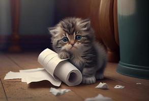 Cute kitten in the bathroom tore a pile of toilet paper on the floor. Generate Ai. photo