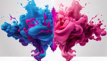 Blue and pink colorful paints that blend together on white background. Generate Ai. photo