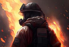 Firefighter seen from behind with a big fire in the background. Generate Ai. photo