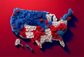 USA map made with flowers - blue, white, red background . Generate Ai. photo