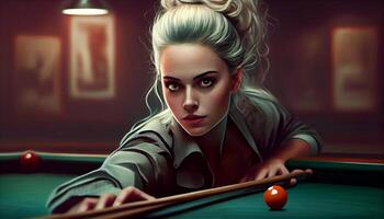 A gorgeous young woman in a pool hall looks at the camera. Generate Ai. photo