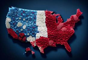 USA map made with flowers - blue, white, red background . Generate Ai. photo