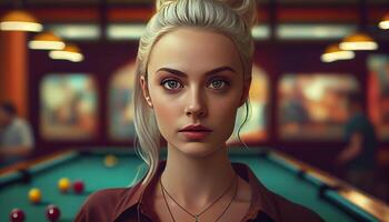 A gorgeous young woman in a pool hall looks at the camera. Generate Ai. photo