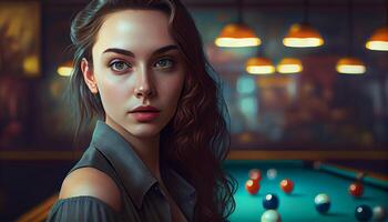 A gorgeous young woman in a pool hall looks at the camera. Generate Ai. photo