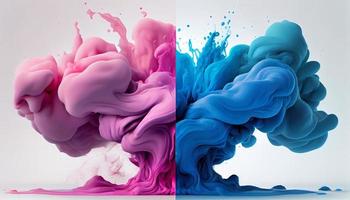 Blue and pink colorful paints that blend together on white background. Generate Ai. photo