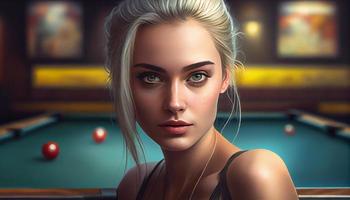 A gorgeous young woman in a pool hall looks at the camera. Generate Ai. photo