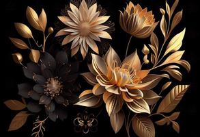 foto dorado flores en negro antecedentes elegante floral fondo de pantalla. generar ai