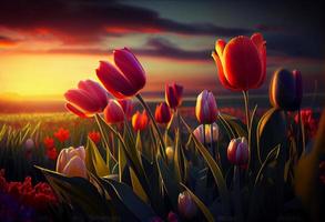 foto hermosa tulipán flores en césped campo con puesta de sol antecedentes. generar ai