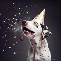 Cute dog with a party hat celebrating her birthday, confetti falling. Generate Ai photo