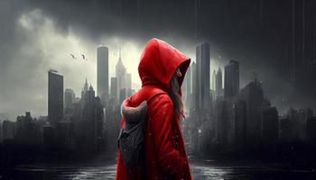cuento de moderno pequeño rojo montando capucha en un ciudad con edificios en lluvioso clima. generar ai foto