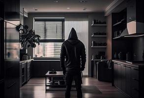 A burglar dressed in all black stands with his back to the camera in a modern apartment. Generate Ai photo