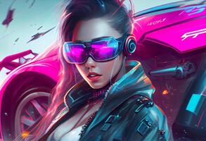 Fashion cyberpunk girl drive a supercar asian woman with future digital glasses, realistic. Generate Ai photo