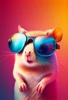 Creative animal composition. Mouse wearing shades sunglass eyeglass isolated. Pastel gradient background. With text copy space. Generate Ai photo