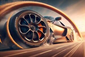 3D rendering , Sport Car Raceing on race track , Car wheel drifting.Generate Ai photo