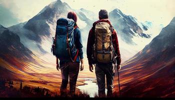 Couple of hikers with backpack. Generate Ai photo