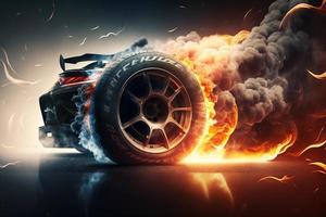 3d representación , deporte coche carreras en carrera pista con fuego ardiente , coche rueda a la deriva.generar ai foto