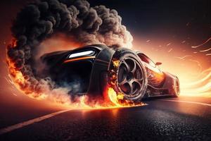 3d representación , deporte coche carreras en carrera pista con fuego ardiente , coche rueda a la deriva.generar ai foto