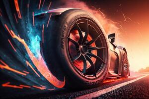 3D rendering , Sport Car Raceing on race track , Car wheel drifting.Generate Ai photo