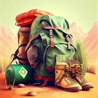 Travel bags in front of a camping tent, hiking gear.. Generate Ai photo
