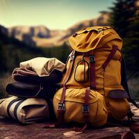 Travel bags in front of a camping tent, hiking gear.. Generate Ai photo