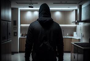 A burglar dressed in all black stands with his back to the camera in a modern apartment. Generate Ai photo