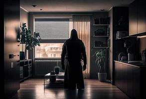 A burglar dressed in all black stands with his back to the camera in a modern apartment. Generate Ai photo