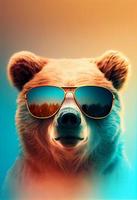 Creative animal composition. Bear wearing shades sunglass eyeglass isolated. Pastel gradient background. With text copy space. Generate Ai photo