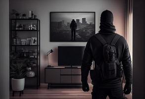 A burglar dressed in all black stands with his back to the camera in a modern apartment. Generate Ai photo