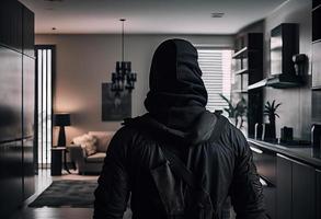 A burglar dressed in all black stands with his back to the camera in a modern apartment. Generate Ai photo