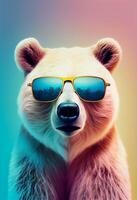 Creative animal composition. Bear wearing shades sunglass eyeglass isolated. Pastel gradient background. With text copy space. Generate Ai photo