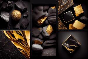 Black and Gold natural stone textures composition. Generate Ai. photo