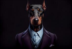 Portrait of a dog Dobermann dressed in a formal business suit. Generate Ai photo