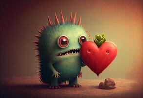 Cute love monster with heart, illustrations. Generate Ai photo