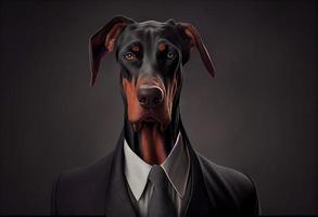 Portrait of a dog Dobermann dressed in a formal business suit. Generate Ai photo